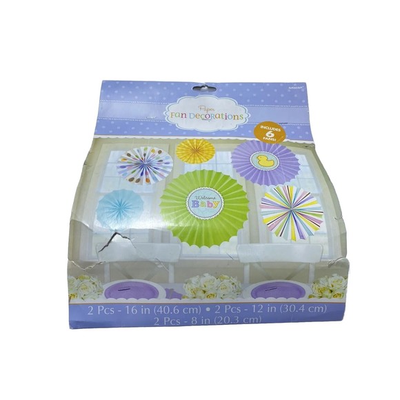 Baby Shower Party Decor Paper fan decorations 6pc set - Picture 1 of 7